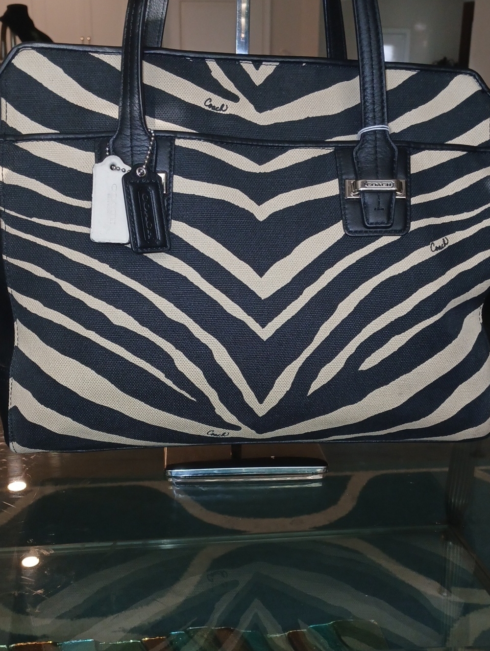 Coach Taylor Zebra-Print Carryall Canvas And Leather Tote - Picture 3 of 12